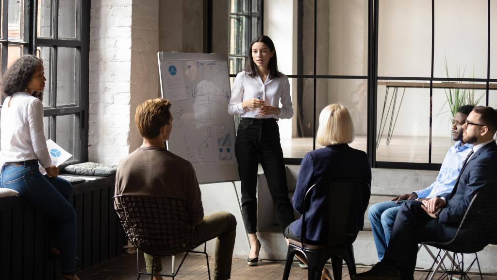 A diverse group of businesspeople in an impromptu meeting